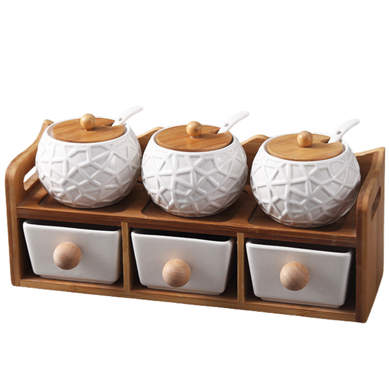 Ceramic Seasoning Box Set Kitchen Condiments Jar Storage Rack Wooden Shelf