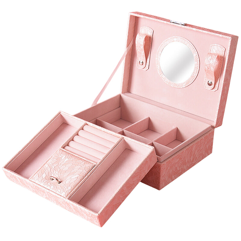 Pink Elegant Princess 3-level Lockable Jewelry Accessories Box Drawers Mirror