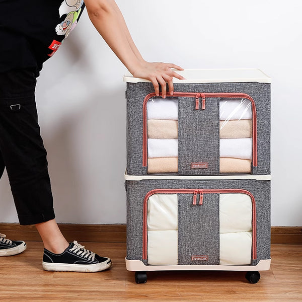 3 Layers Wardrobe Clothes Storage Box Oxford Cloth Moving Roller Wheels YOUFEN