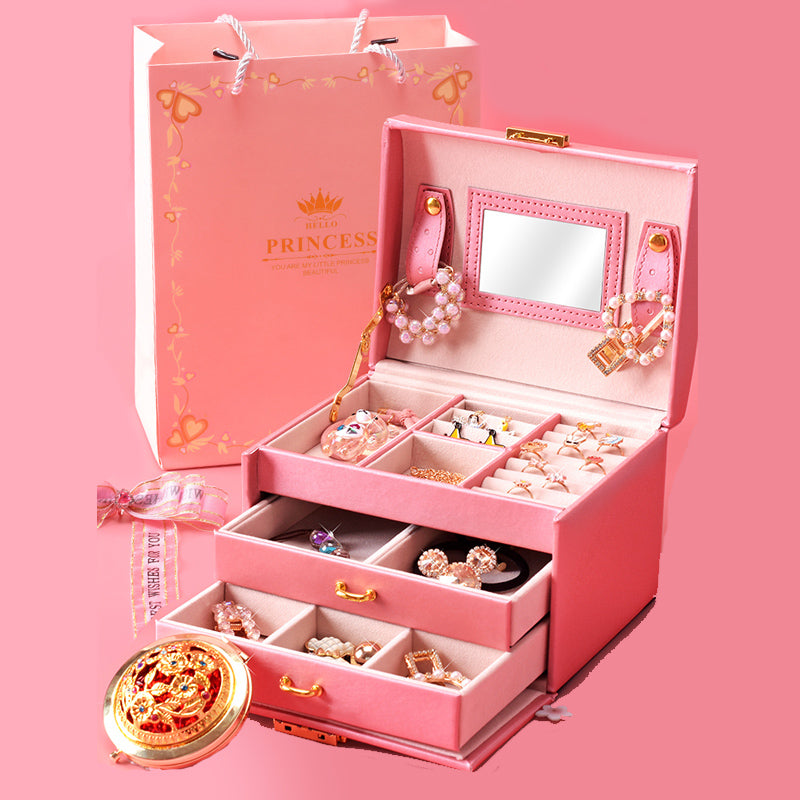 Pink Elegant Princess 3-level Lockable Jewelry Accessories Box Drawers Mirror