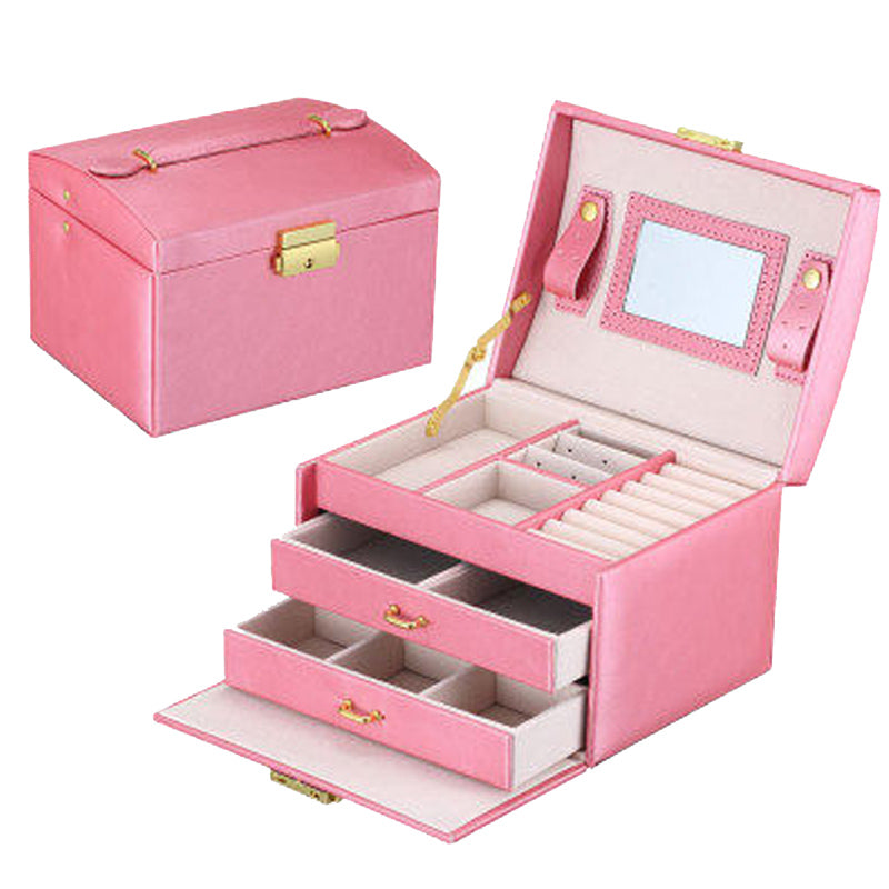 Pink Elegant Princess 3-level Lockable Jewelry Accessories Box Drawers Mirror