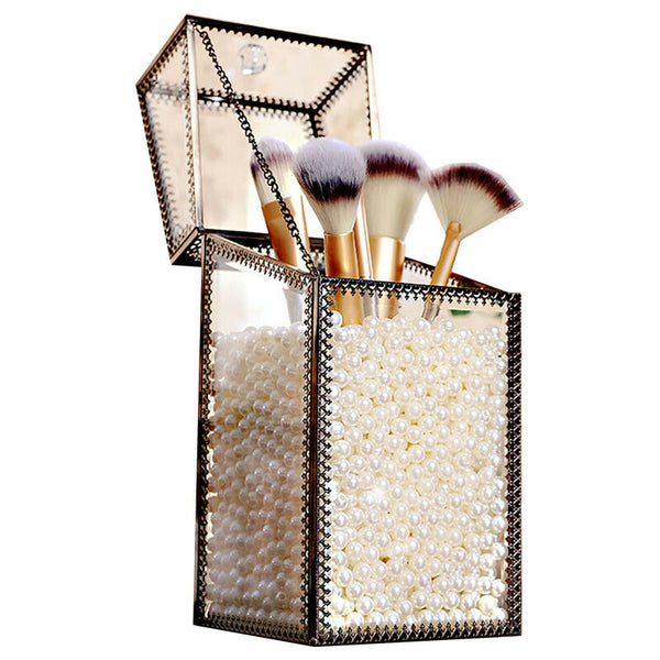 Retro Flip Makeup Brush Storage Box Glass Dustproof Beauty Tube Desktop Bucket