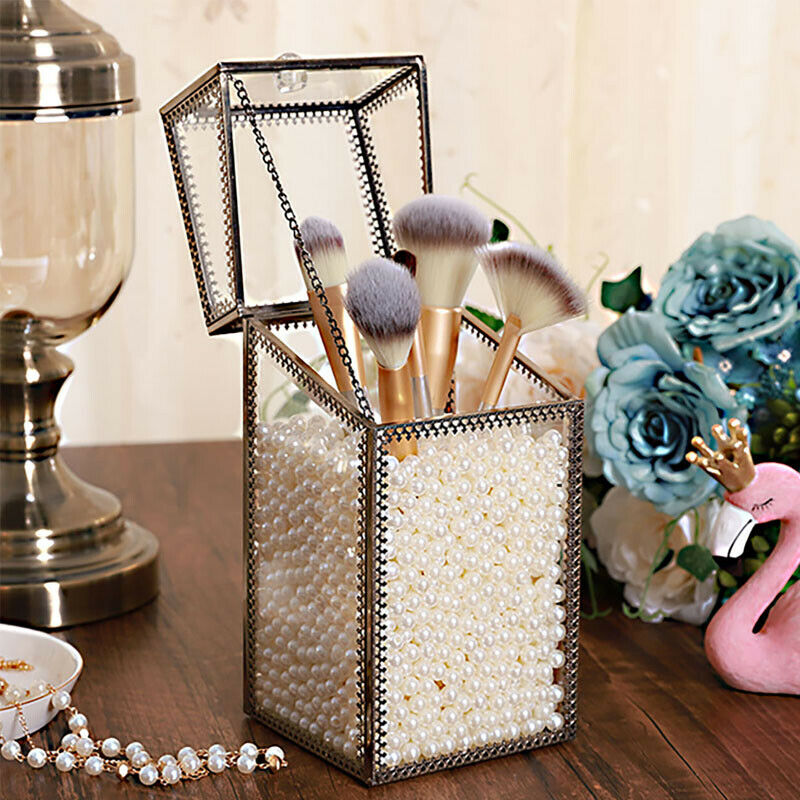 Retro Flip Makeup Brush Storage Box Glass Dustproof Beauty Tube Desktop Bucket