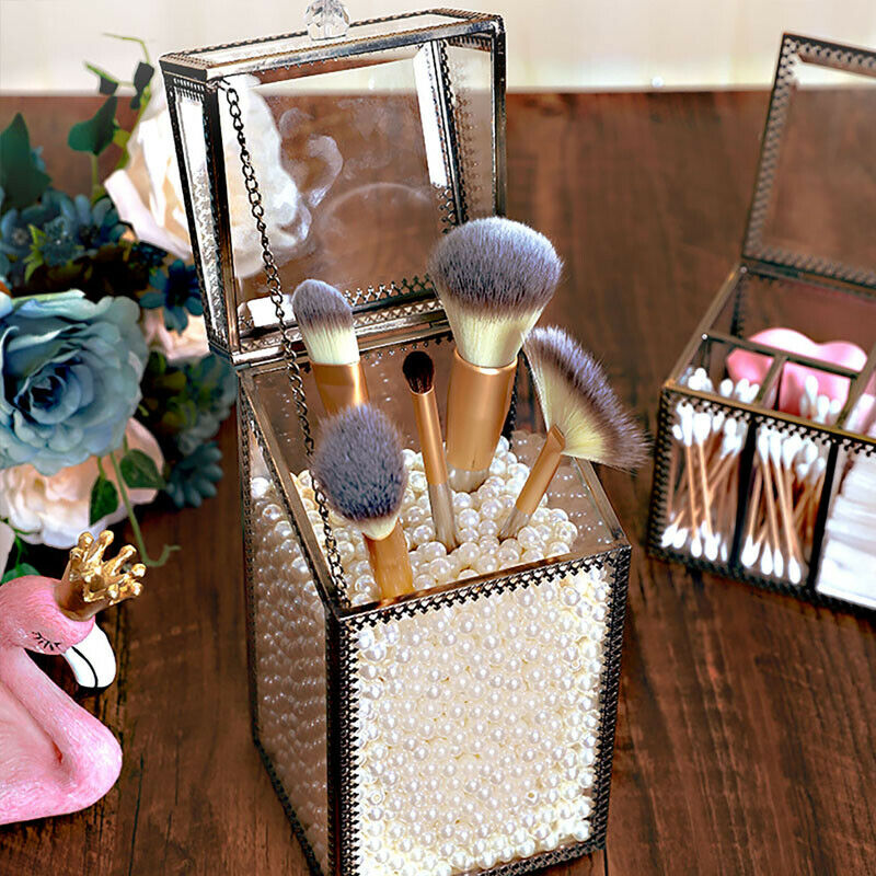 Retro Flip Makeup Brush Storage Box Glass Dustproof Beauty Tube Desktop Bucket
