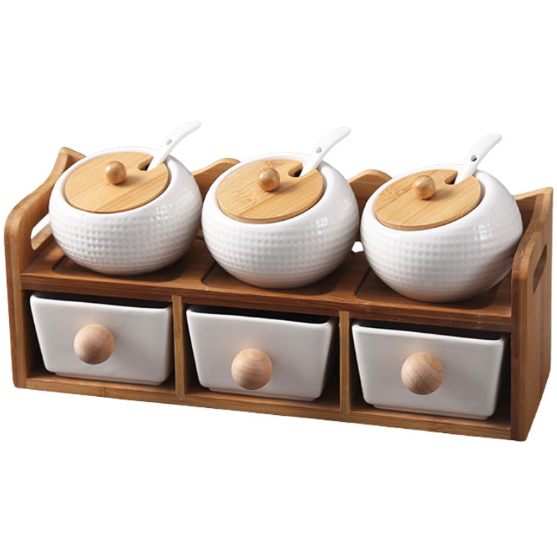 Ceramic Seasoning Box Set Kitchen Condiments Jar Storage Rack Wooden Shelf