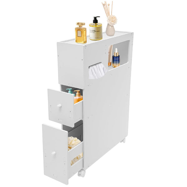 Slim Bathroom Storage Cabinet Narrow Space Movable Wheels Toilet Paper Holder